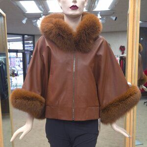 Brown Cabretta Lamb Cape Jacket with Fox Fur Trim
